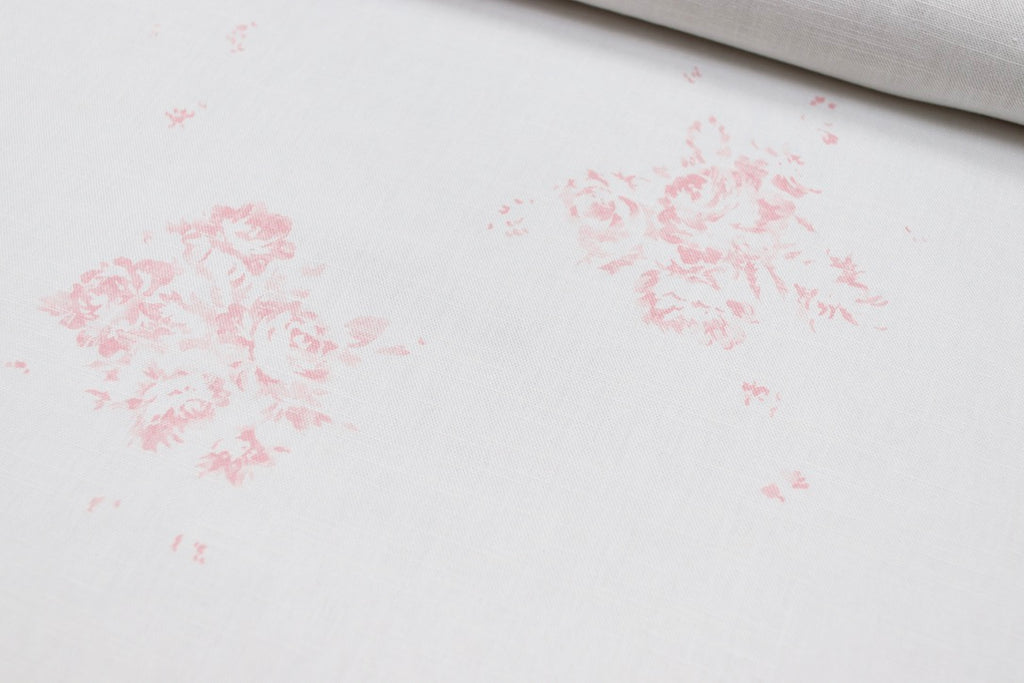 " Camille Pink with Leaf" on fine white linen - Faded Floral Linen Fabrics - The Faded Floral Company 