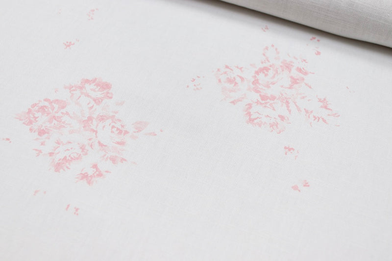 " Camille Pink with Leaf" on fine white linen - Faded Floral Linen Fabrics - The Faded Floral Company 