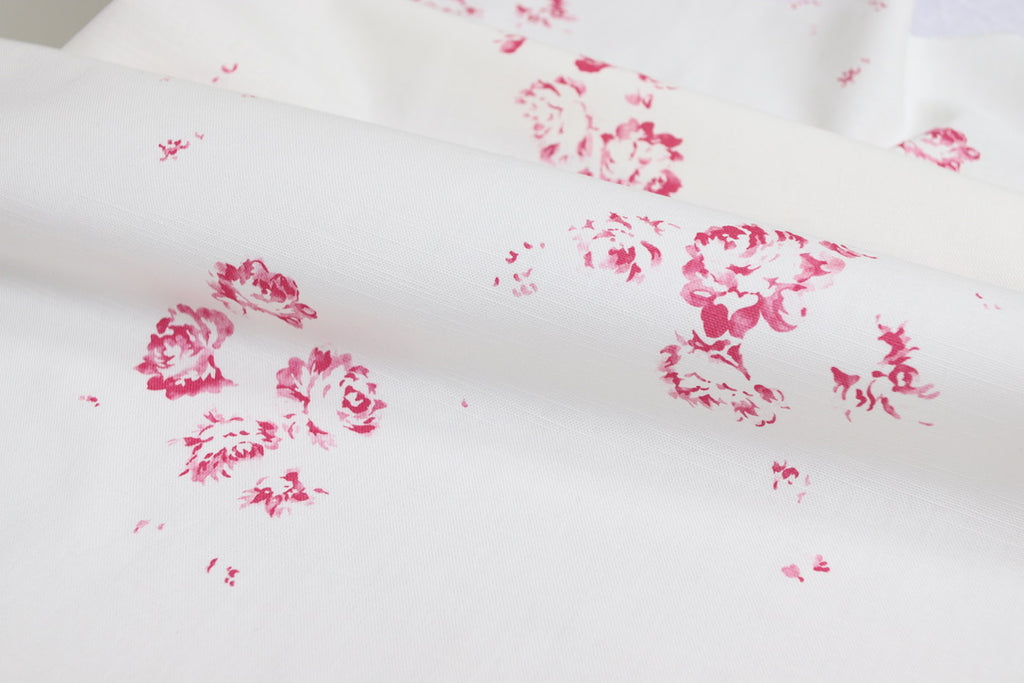 Faded Floral Linen Fabrics - Camille in our cerise on Oyster linen