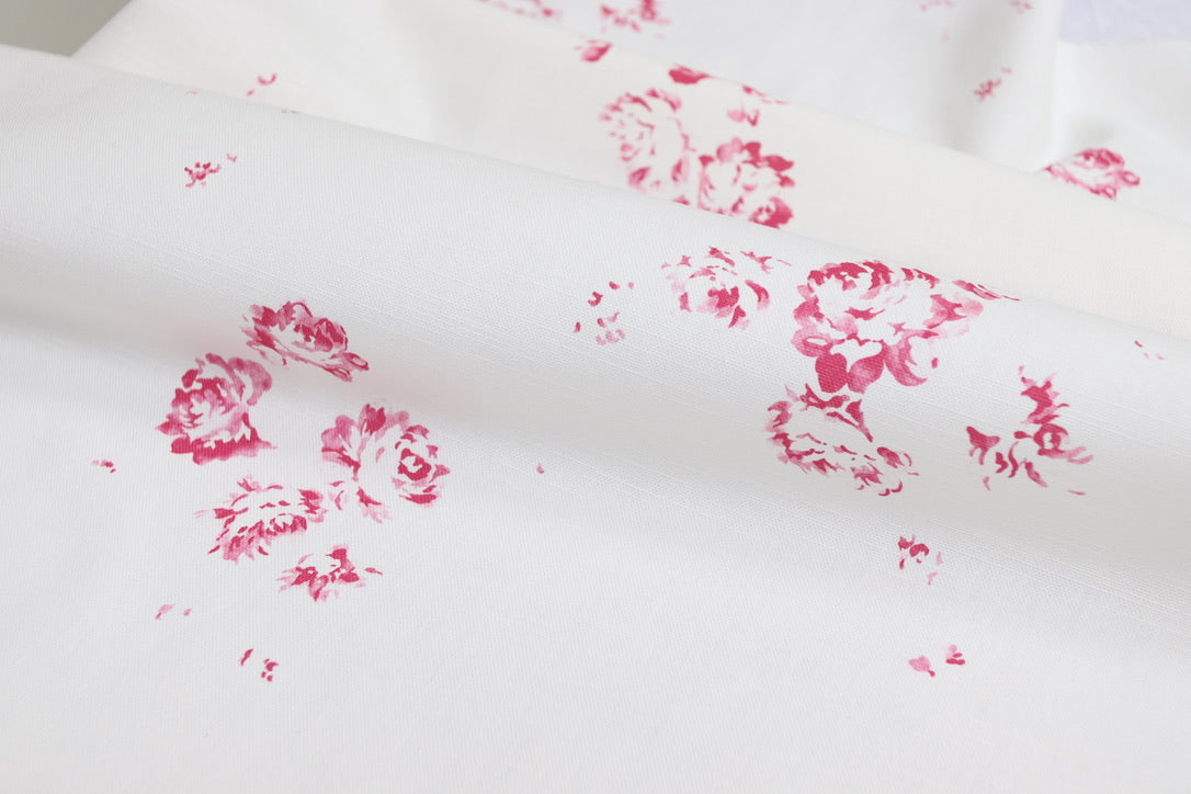 Faded Floral Linen Fabrics - Camille in our cerise on Oyster linen
