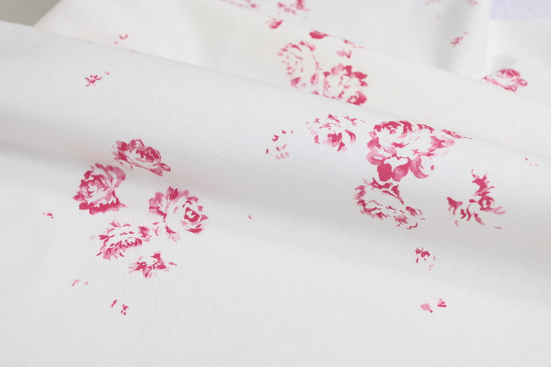 Faded Floral Linen Fabrics - Camille in our cerise on Oyster linen