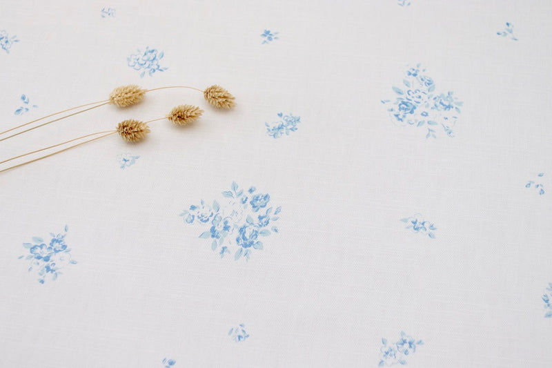 Faded Floral Linen Fabrics - Oyster Linen fabric and our petite fleur bleu design