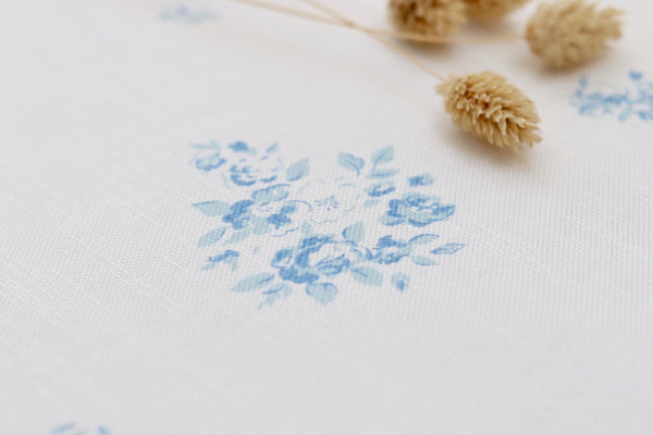 Faded Floral Linen Fabrics Petite Fleur Bleu printed on our luxury oyster linen