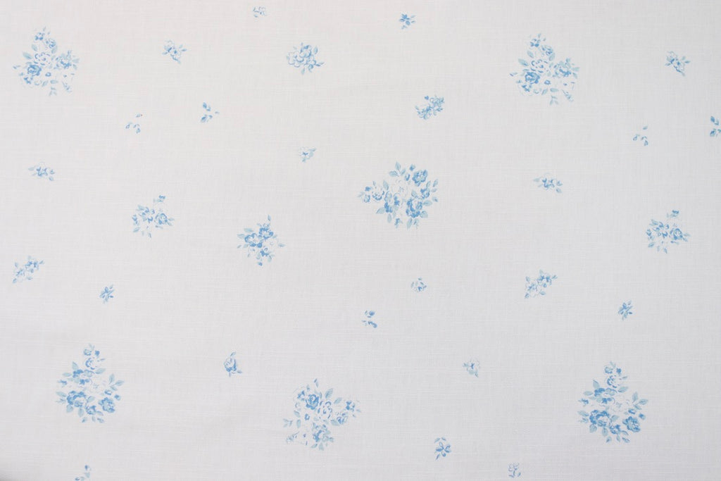 Faded Floral Linen Fabrics - petite fleur in bleu colourway variation, printed on fine oyster linen