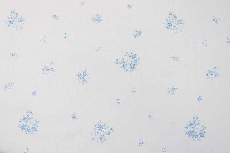 Faded Floral Linen Fabrics - petite fleur in bleu colourway variation, printed on fine oyster linen