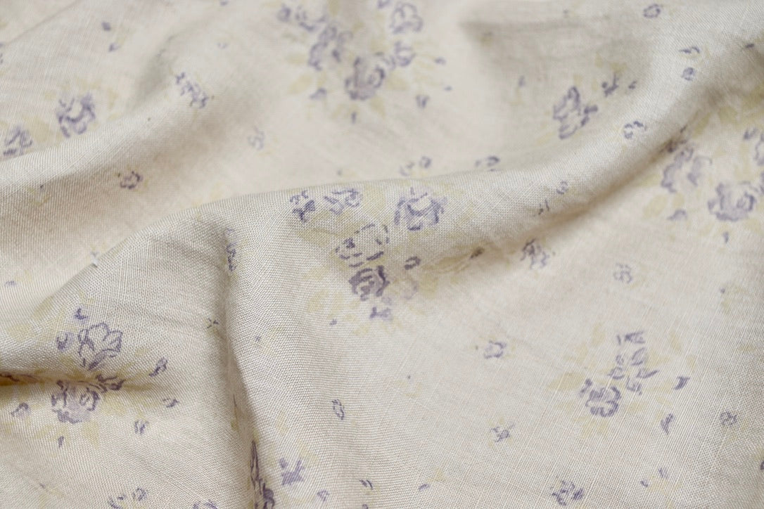 Faded Floral Linen Fabrics - our petite fleur design in a limited edition lilac colour way, printed on tumbled linen