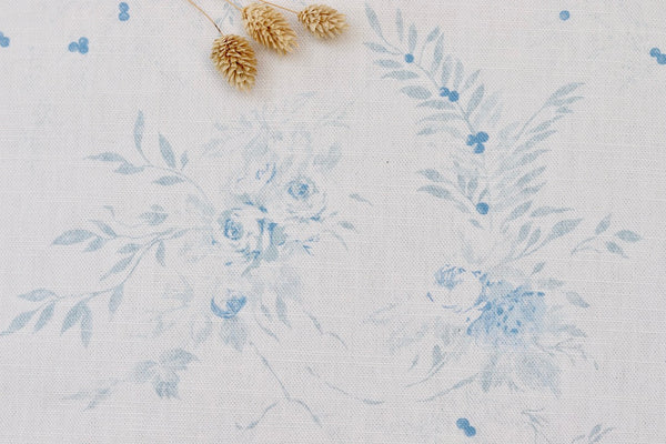The Faded Floral Company - Faded Floral Linen Fabrics with our Aimée Bleu print on fine Oyster Linen fabric