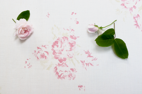 faded floral linen fabric, Camille Antique Rose on Oyster Linen