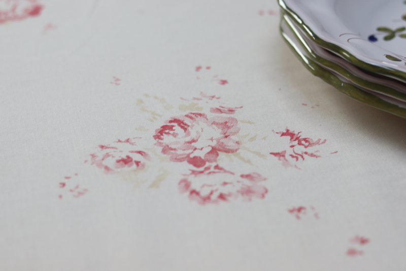 Faded Floral Linen with our Camille Cerise and Fawn on antique cotton close up with details