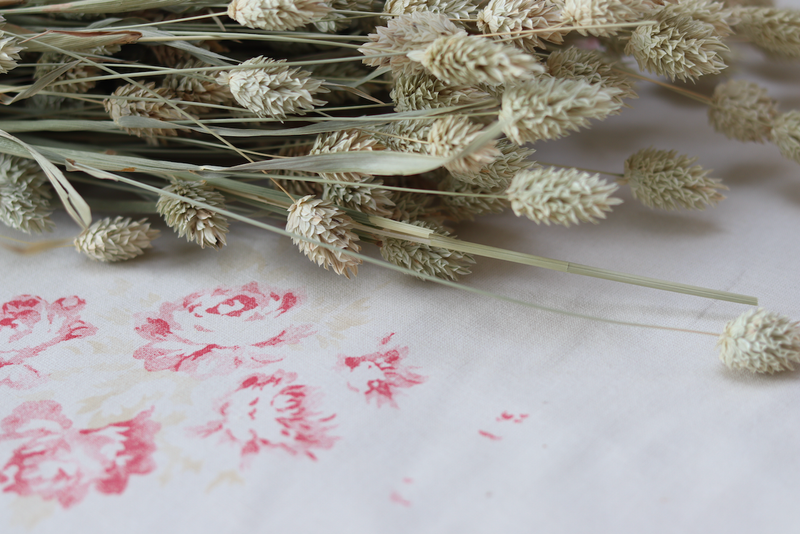 Faded Floral French and vintage inspired Linen fabric - Camille in Cerise and Fawn on Oyster linen
