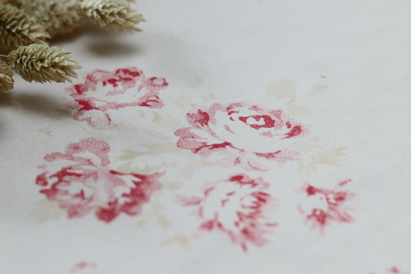 Faded Floral Linen Fabric with Camille print in Cerise and Fawn, printed on our 'Antique' Cotton