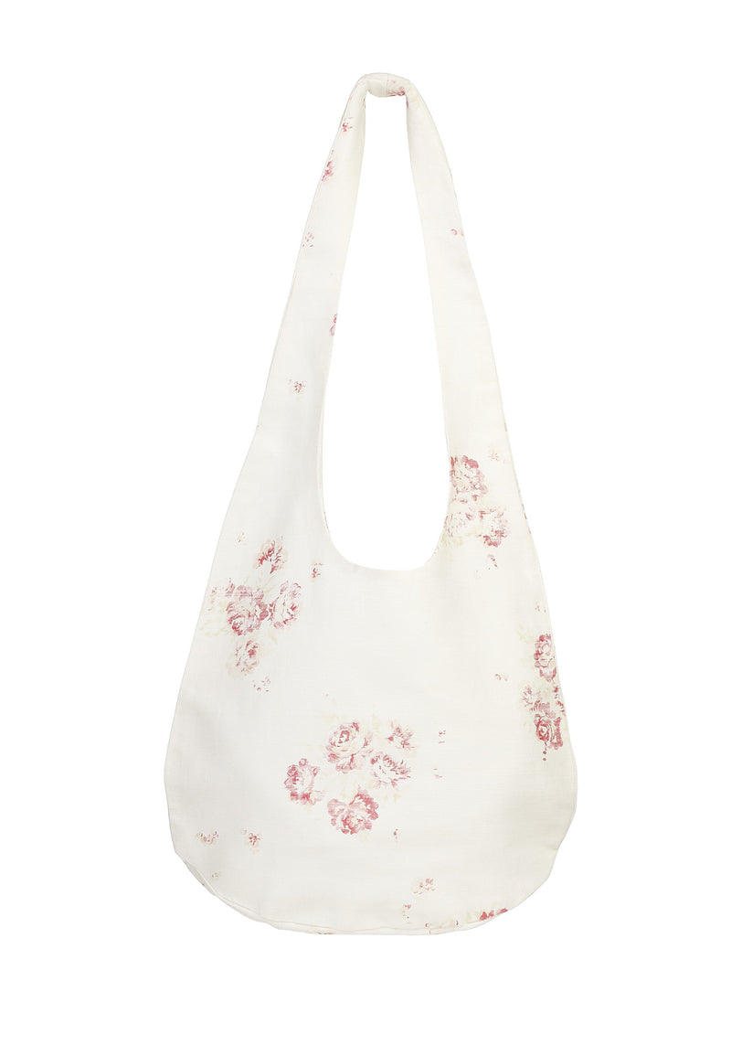 Faded Floral Oyster Linen Boho Beach bag in Camille print, cerise & fawn colour way 